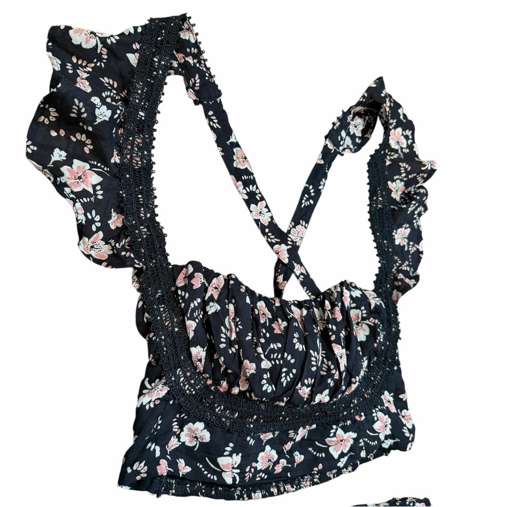 Free People Bijou 2 Pc Floral Set Sz 4 Black Cottagecore Open Back Maxi Skirt - Picture 3 of 14